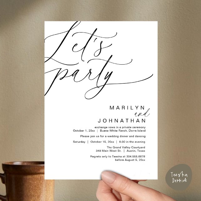 Let's Party Happily Ever After Wedding Dinner Invitation (Let's Party Happily Ever After Modern Romantic Wedding Dinner Invitation Card PDF White Black)