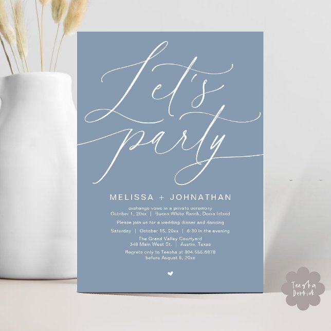 Let's Party Happily Ever After Wedding Dinner Invitation (Let's Party Happily Ever After Romantic Modern Wedding Dinner Invitation Card PDF Dusty Blue)