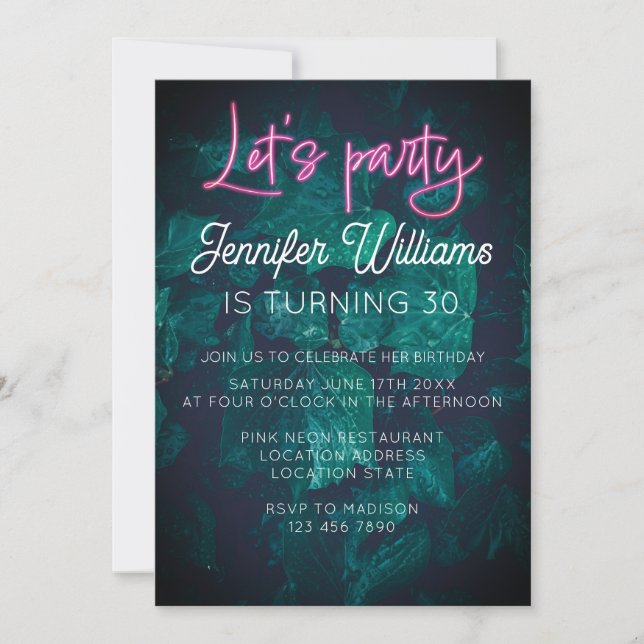 Lets party hot pink neon script foliage birthday invitation (Front)