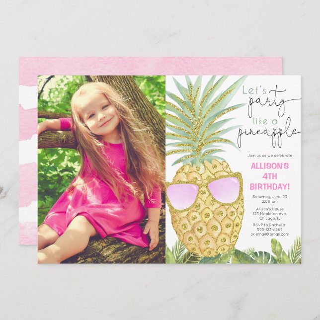 Let's Party like a pineapple girl birthday photo Invitation (Front/Back)