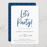 Let's Party Modern Blue Script Birthday Invitation<br><div class="desc">Modern script Let's Party!,  birthday invitation. Navy blue and black typography design style template. Back of card features cool retro sunburst pattern in coordinating blue colours.</div>