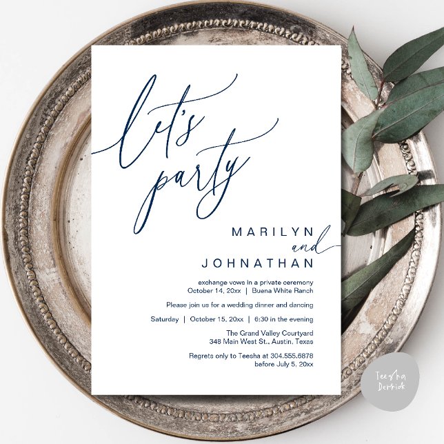 Let's Party, Modern Romantic Wedding Reception Invitation (Let's Party, Modern Romantic Wedding Reception Dinner Invitation Card in Navy Blue)