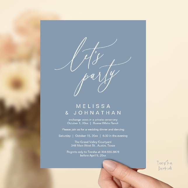 Let's Party, Modern Romantic Wedding Reception Invitation (Let's Party, Modern Romantic Wedding Reception Dinner and Dancing Invitation Card in Dusty Blue)