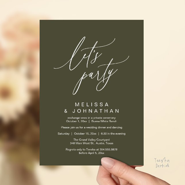 Let's Party, Modern Romantic Wedding Reception Invitation (Let's Party, Modern Romantic Wedding Reception Dinner and Dancing Invitation Card in Olive Green)