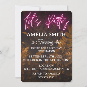 Let's Party Neon boxwood Brown Leaves Birthday Invitation