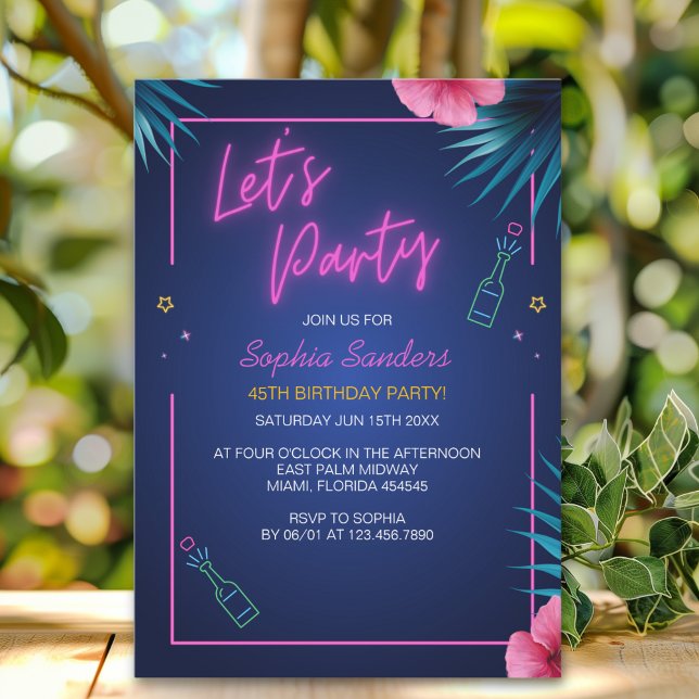 Let's Party Neon Electric Pink Birthday Invitation (Creator Uploaded)