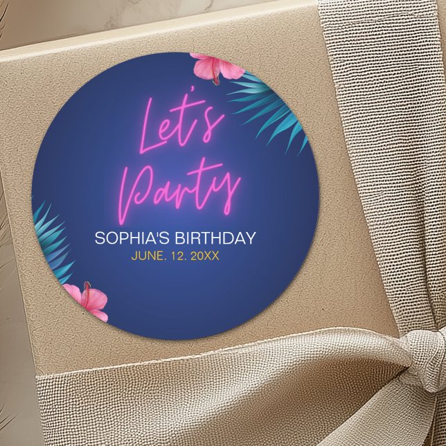 Let's Party Neon Electric Pink Birthday Woman Classic Round Sticker (Creator Uploaded)