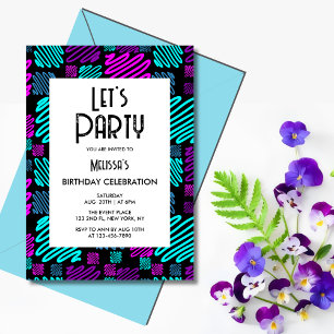 Let's Party Neon Geometric Pattern Birthday  Invitation