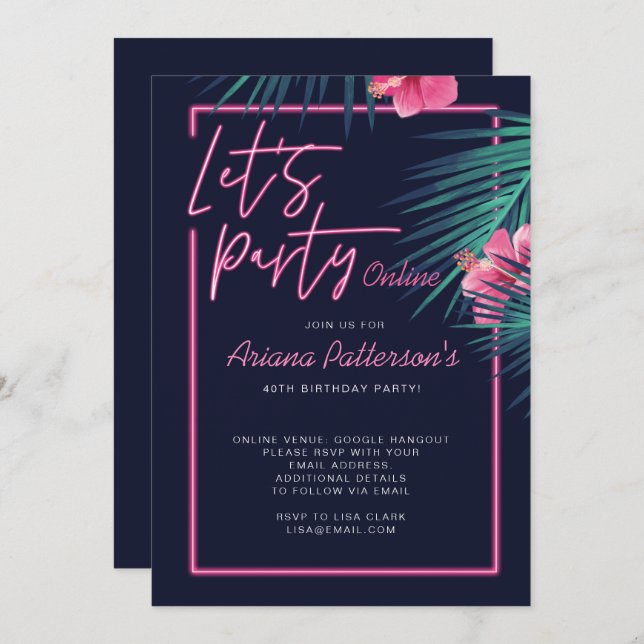 Let's Party Online Neon Pink Tropical Birthday Invitation (Front/Back)