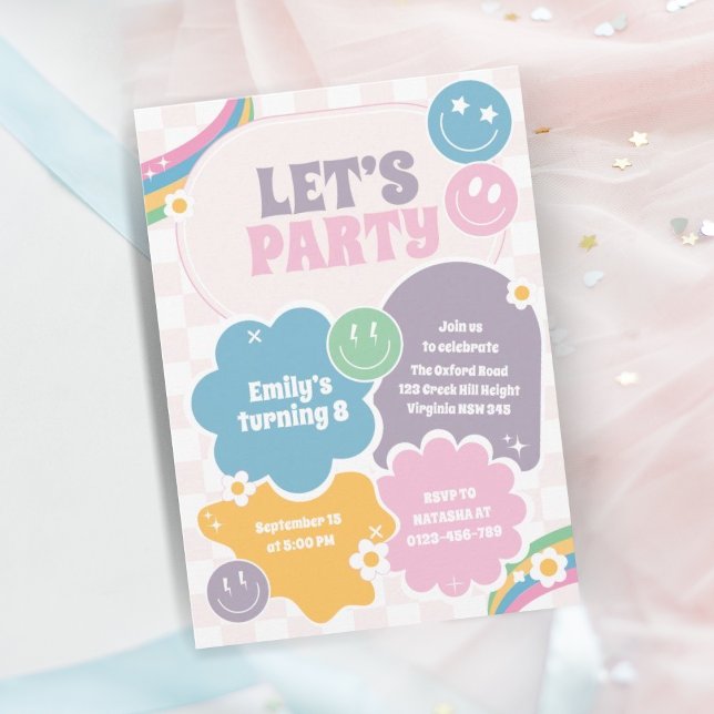 Let's Party Pastel Retro Smiles Birthday  Invitation (Creator Uploaded)
