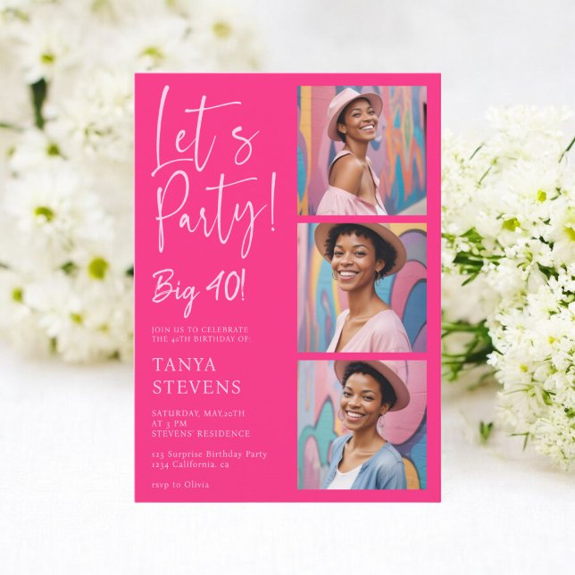 Let's party photo neon pink forty birthday invitation (Let's party photo neon pink forty birthday invitation)