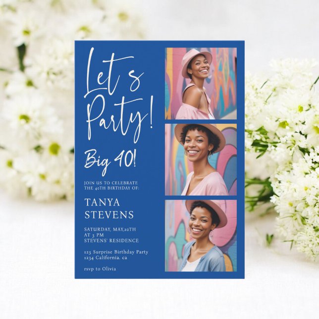 Let's party photo retro blue forty birthday invitation (Let's party photo retro blue forty birthday invitation)