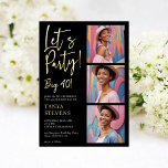 Let's party photo white black forty birthday gold<br><div class="desc">Celebrate the big 4-0 in style with this modern and elegant 40th birthday party invitation! Real gold foil on black Featuring a sleek and clean design, this invitation showcases the playful phrase "Let's Party!" in a stylish script font, followed by "Big 40!" in bold lettering. The left side of the...</div>
