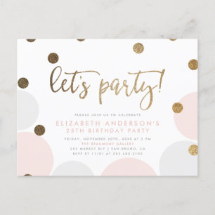 Let's Party! Pink Bubbles Gold Script Birthday Invitation Postcard
