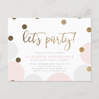 Let's Party! | Pink Bubbles Gold Script Birthday Invitation Postcard