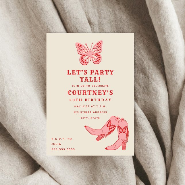 Let's Party Pink Butterfly Cowgirl Boots Birthday Invitation (Creator Uploaded)