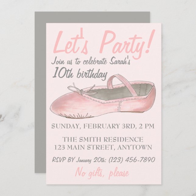 Let's Party! Pink Dance Ballerina Ballet Slipper Invitation (Front/Back)