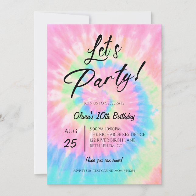 Let's Party, Pink Tie Dye birthday party Invitation (Front)
