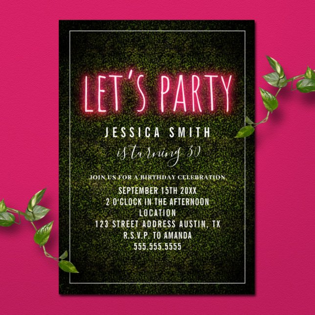 Let's Party Print Pink Neon Boxwood Birthday Invitation (Creator Uploaded)