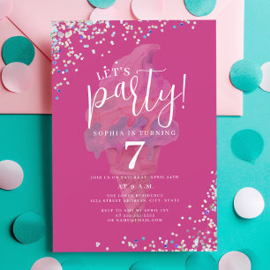 Let's Party Rainbow Hot Pink Ice Cream Birthday Invitation