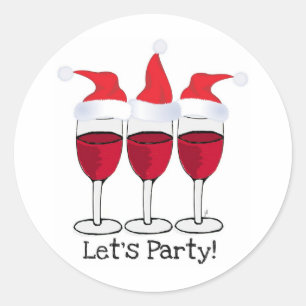 LET'S PARTY RED WINE AND CHRISTMAS HATS PRINT CLASSIC ROUND STICKER