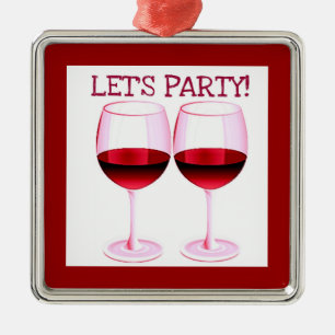 "LET'S PARTY" RED WINE GLASSES PRINT METAL TREE DECORATION