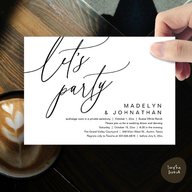 Let's Party, Romantic Wedding Dinner and Dancing Invitation (Let's Party, Romantic Charm Wedding Dinner Dancing Lunch Brunch Invitation Card PDF White Black)