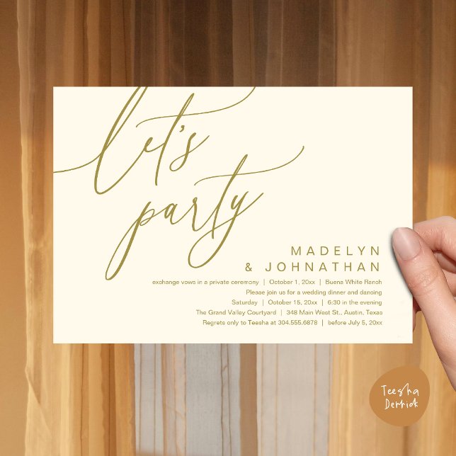 Let's Party, Romantic Wedding Dinner and Dancing Invitation (Let's Party, Romantic Charm Wedding Dinner Dancing Lunch Brunch Invitation Card PDF Yellow gold)