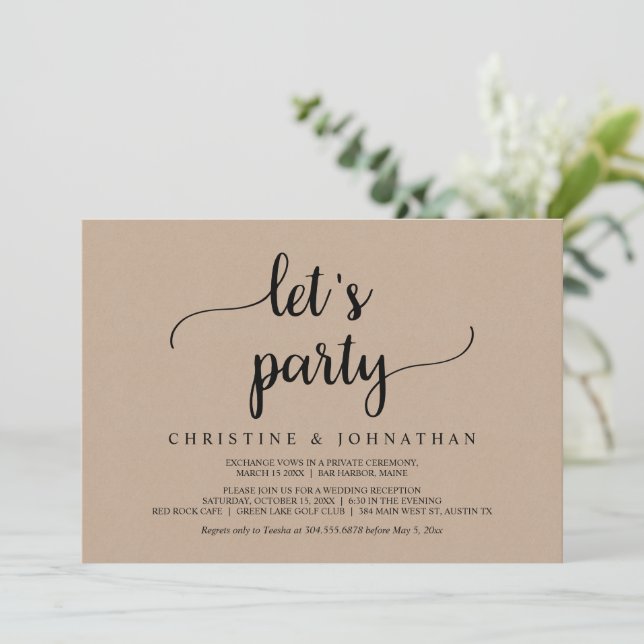 Let's party, Rustic Brown Kraft Wedding Elopement Invitation (Standing Front)