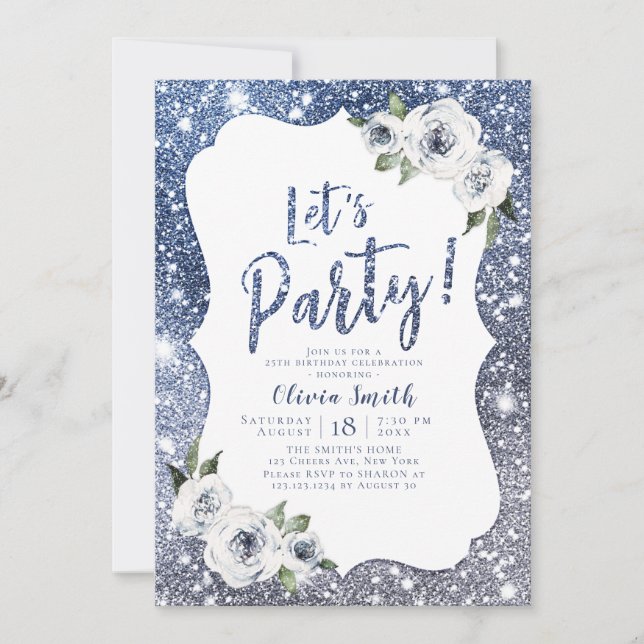 Let's party sparkle blue glitter and floral invitation (Front)