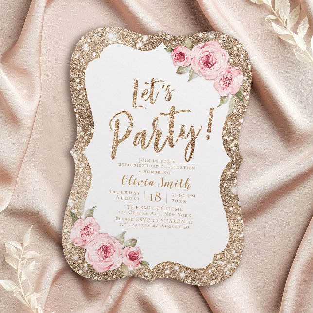 Let's party sparkle gold glitter and pink floral invitation (Let's party sparkle gold glitter and pink floral invitation)
