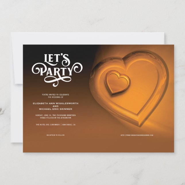 Let's Party, Two Hearts Gold Wedding Invitation (Front)