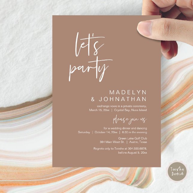 Let's Party, Wedding Elopement Dinner and Dancing Invitation (Let's Party, Modern Wedding Elopement Dinner and Dancing Invitation Card, PDF, in Neutral Taupe)