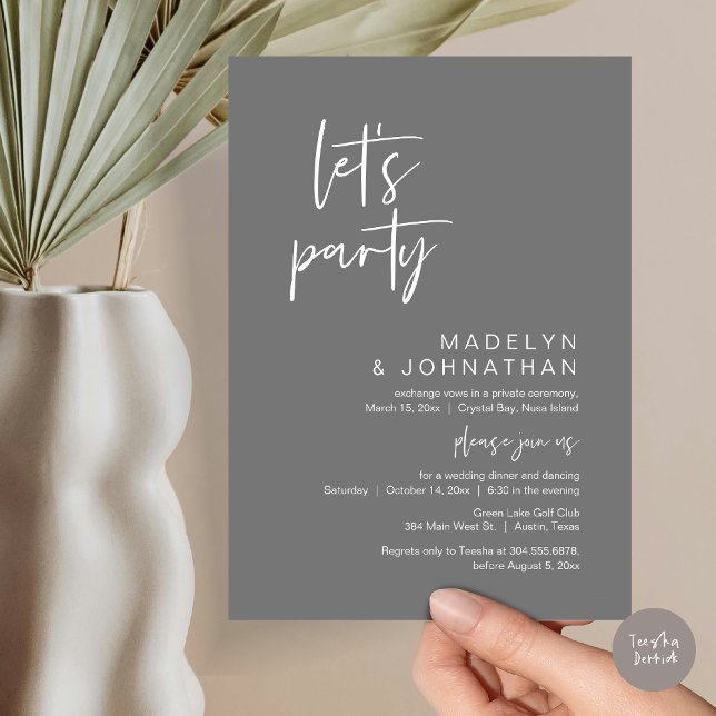 Let's Party, Wedding Elopement Dinner and Dancing Invitation (Let's Party, Modern Wedding Elopement Dinner and Dancing Invitation Card, PDF, in Dark Grey)