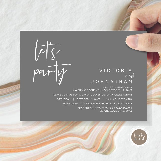 Let's Party, Wedding Elopement Party Invitation (Let's Party, Wedding Elopement Dinner Invitation Card, Modern Minimalist Script, in Dark Grey)