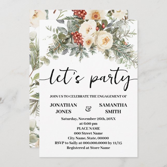 Let's Party Winter White Flowers Engagement Invitation (Front/Back)