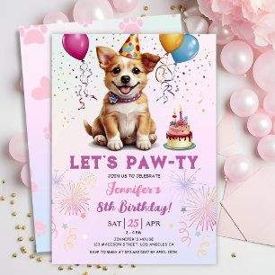 Lets Pawty 8th Birthday Dog Puppy Girl Party Invitation