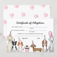 Lets Pawty Adoption Certificate Dog birthday card