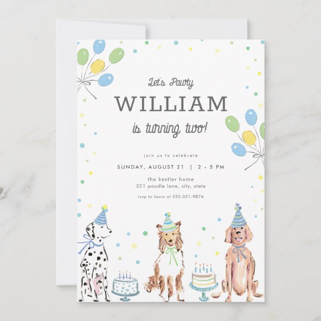 Let's Pawty Blue Boy Dog Birthday Invitation (Front)