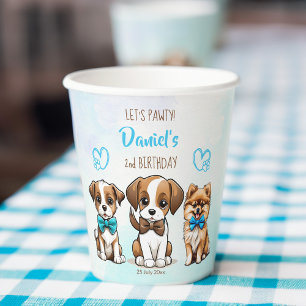 Let's pawty blue cute puppies birthday printed paper cups