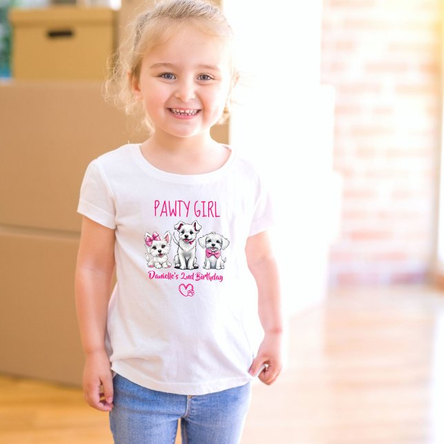 Lets pawty cute white pink puppies birthday toddler T-Shirt (Lets pawty cute white puppies pink bows dog themed  birthday party t-shirt pawty girl photo props)
