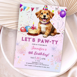 Lets Pawty Dog Birthday Party Girl 4th Birthday Invitation
