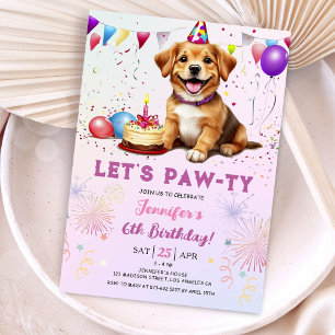 Lets Pawty Dog Birthday Party Girl 6th Birthday Invitation