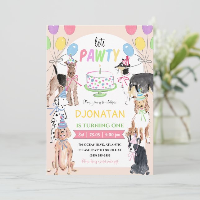 Lets Pawty Dog First Birthday Invitation Card (Standing Front)