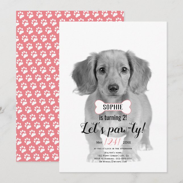 Let's Pawty! Dog pet bone pink birthday photo Invitation (Front/Back)
