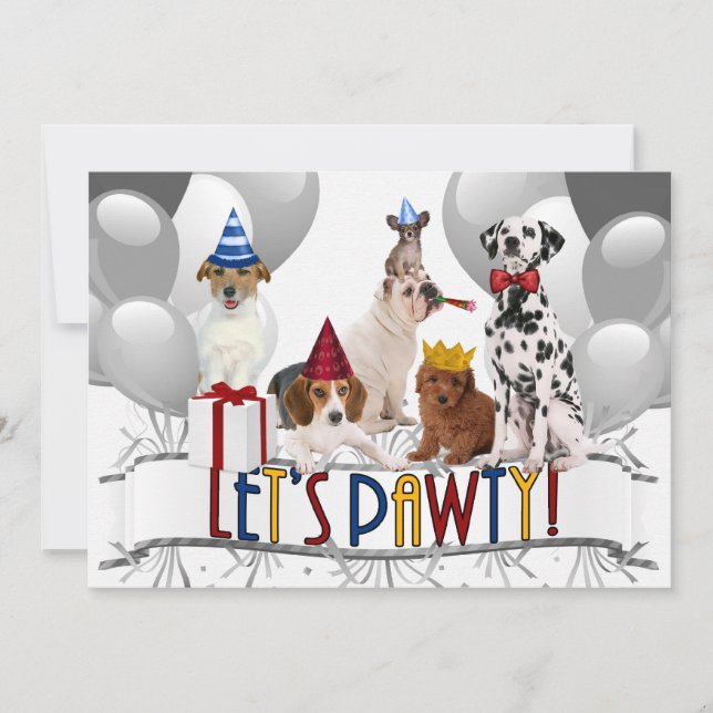 Let's PAWty Dogs in Grayscale Birthday Party Invitation (Front)