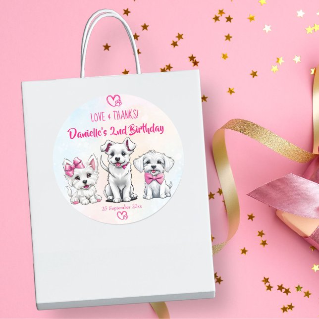 Let's pawty pink cute puppies birthday favour classic round sticker (Let's pawty cute puppies pink  bows girls birthday party thank you favor sticker dog themed favors)