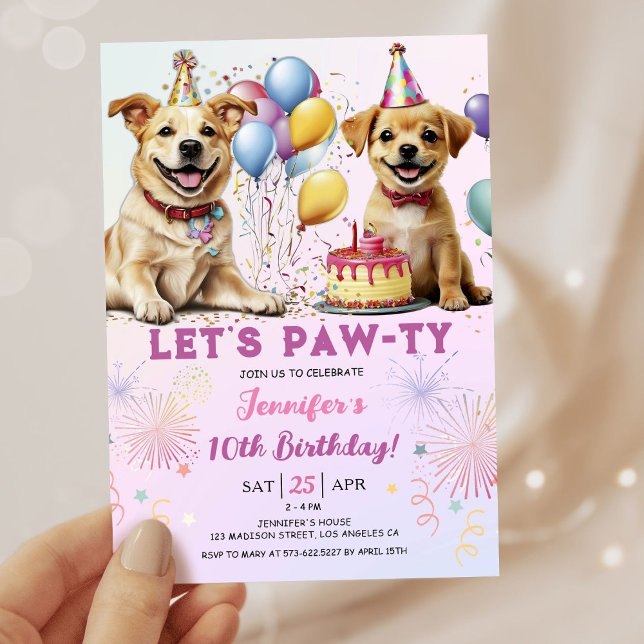 Lets Pawty Puppy Birthday Party Girl 10th Birthday Invitation (Creator Uploaded)