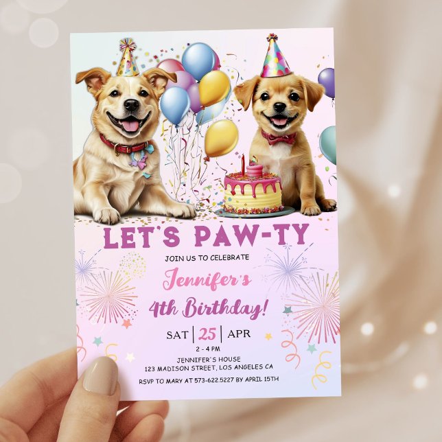 Lets Pawty Puppy Birthday Party Girl 4th Birthday Invitation (Creator Uploaded)