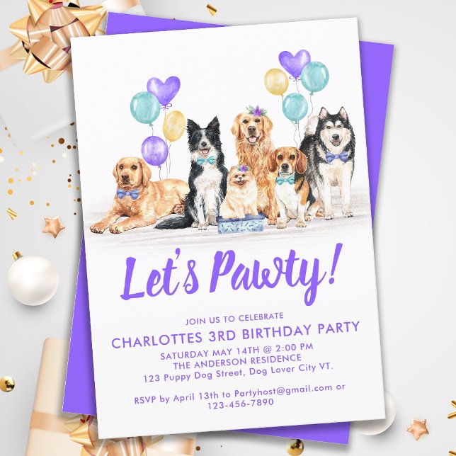 Lets Pawty Puppy Dog Birthday Party Purple Girl Invitation (Creator Uploaded)